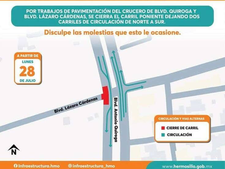 Por inicio de obras cerrarán el carril poniente de Quiroga y Cárdenas a partir de este lunes 28 de julio
