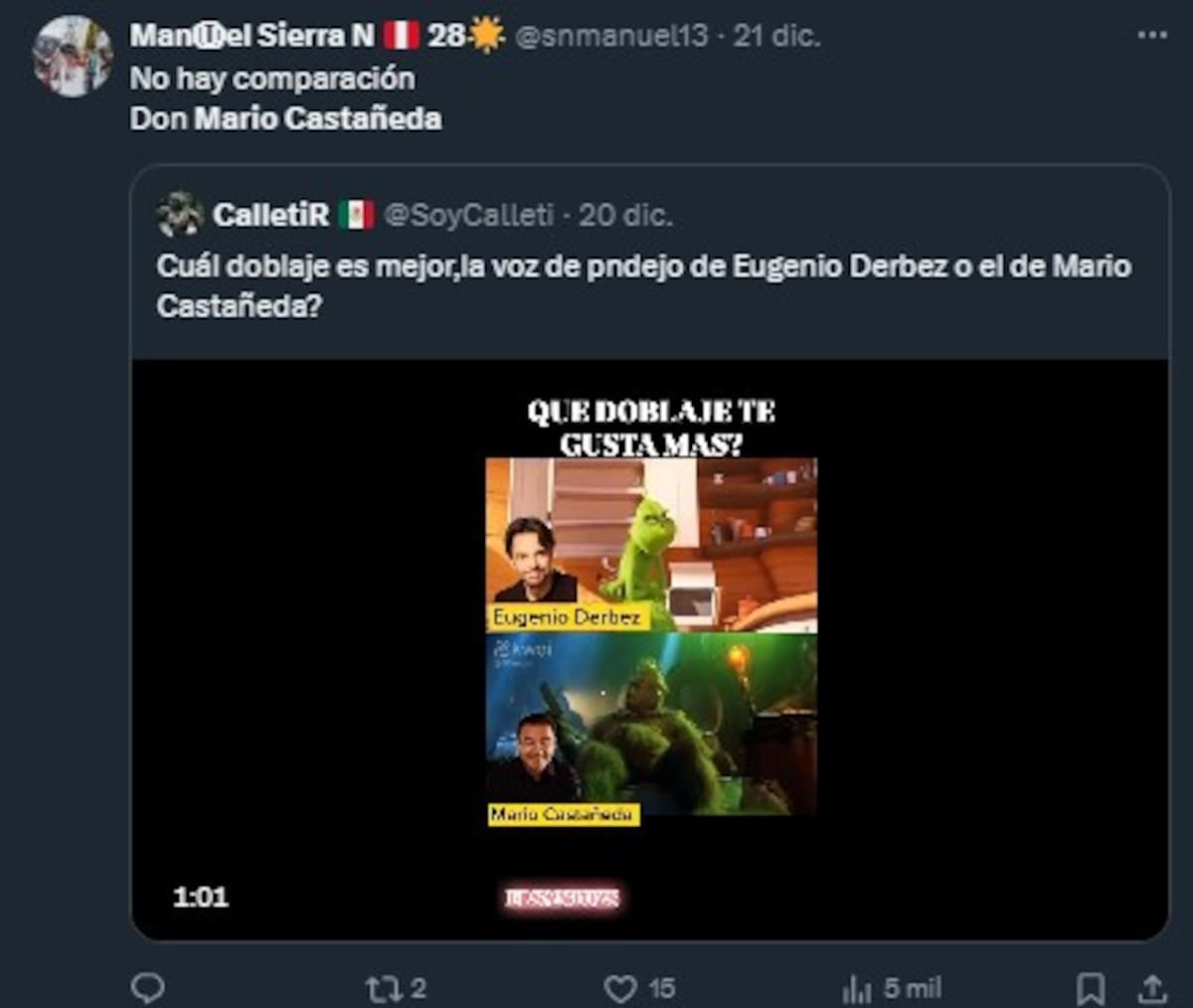Comparan el doblaje de Eugenio Derbez y Mario Castañeda en “El Grinch” / Cuenta de X: @snmanuel13