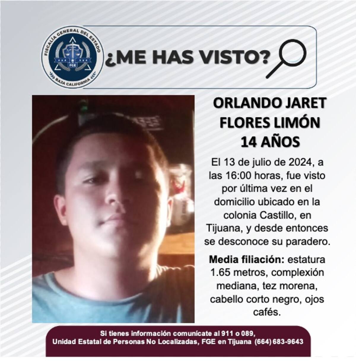 Orlando Jaret Flores Limón fue visto por última vez el 13 de julio del 2024.