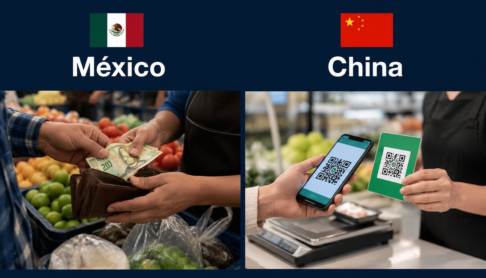 Mientras los mexicanos confían en billetes y monedas, en China un código QR mueve toda la economía diaria. | Imagen hecha con IA de ChatGPT