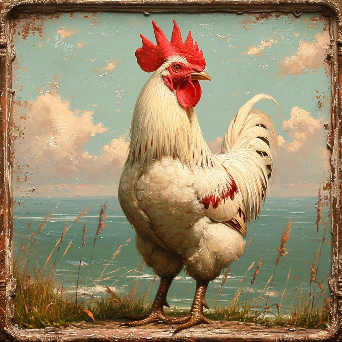 La IA da vida a una versión saludable y fortachona del Gallo Claudio, con su cresta roja y plumaje blanco como la nieve.