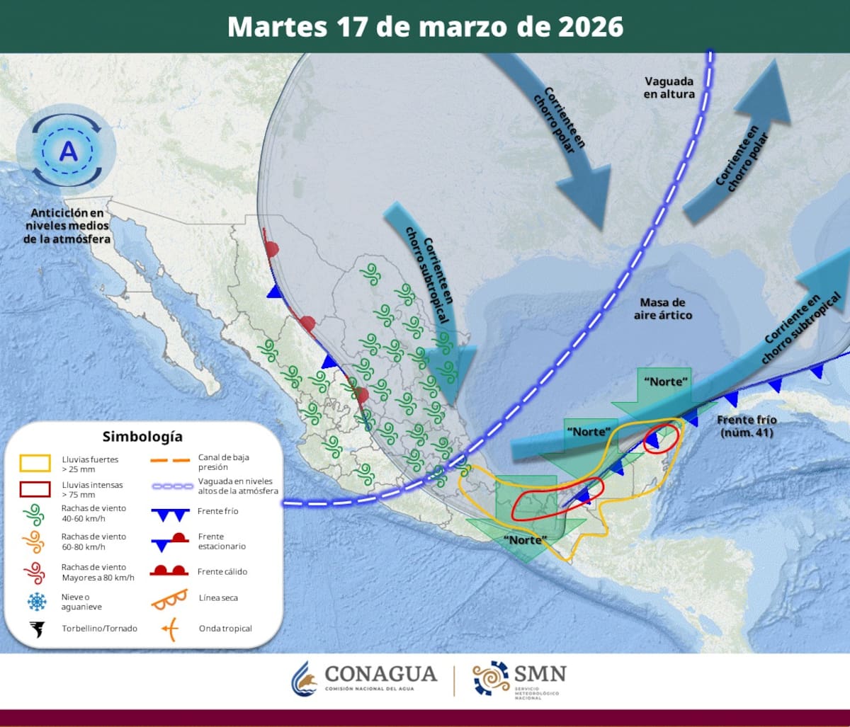 Pronóstico del clima para el martes 17 de marzo del 2026. | Crédito: SMN