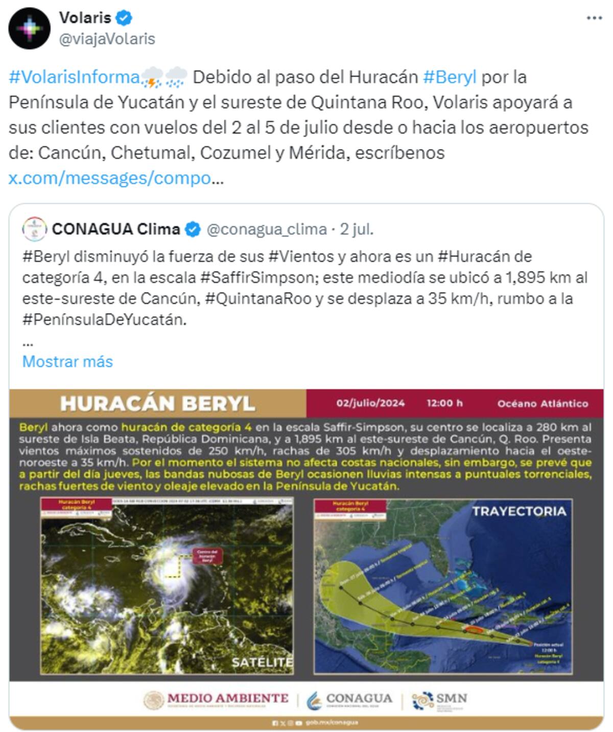 Mediante la red social X, Volaris dijo a sus clientes que ofrecerá apoyos por el Huracán Beryl