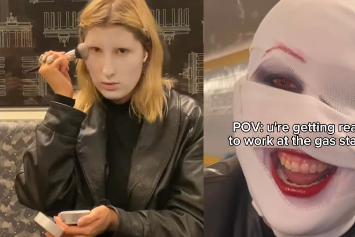 Mujer impresiona en el metro con su maquillaje terrorífico rumbo a su trabajo en una gasolinera