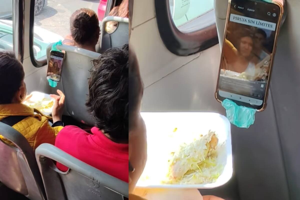 Como si fuera una TV: mujer ve su celular y come botana en el camión; se vuelve viral