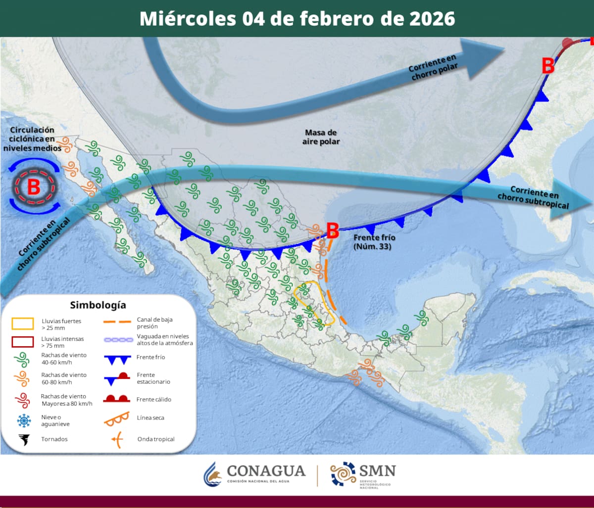 Servicio Meteorológico Nacional, fuente oficial del Gobierno de México. Mapa 4 de febrero.