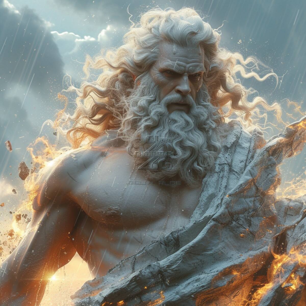 Sabiduría y Seguridad: Rostro de Zeus, modelado por la inteligencia artificial, mostrando la sabiduría y seguridad que caracterizan al padre de los dioses.