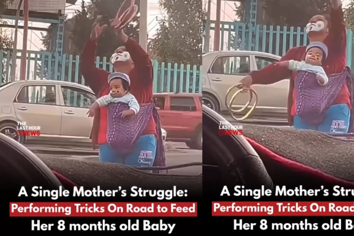 “Todos buscan ayudarla”: mujer se vuelve viral por hacer malabares en el semáforo mientras carga a su bebé, ambos pintados de payasitos