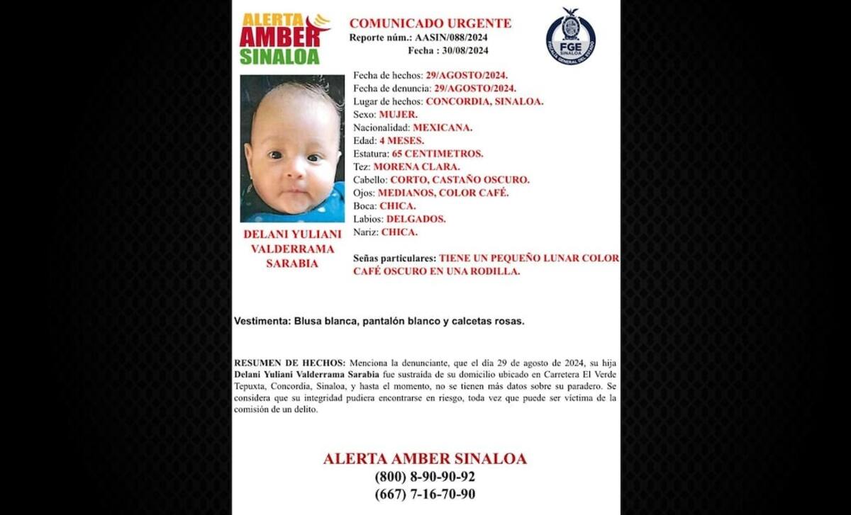 Ficha de Alerta Ámber de la bebé robada y posteriormente resguardada por las autoridades.