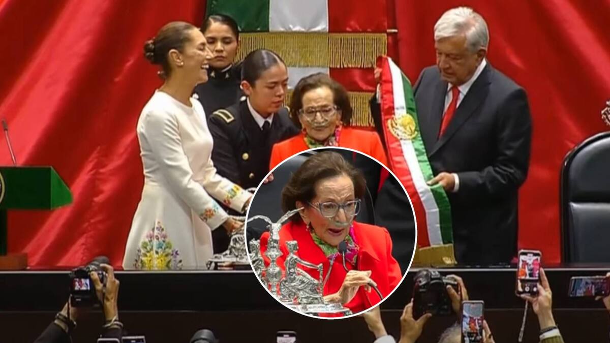 En silla de ruedas y con tanque de oxígeno, la presidenta de la Cámara de Diputados, Ifigenia Martínez, se encargó de entregarle la banda presidencial a Claudia Sheinbaum. | Captura de video