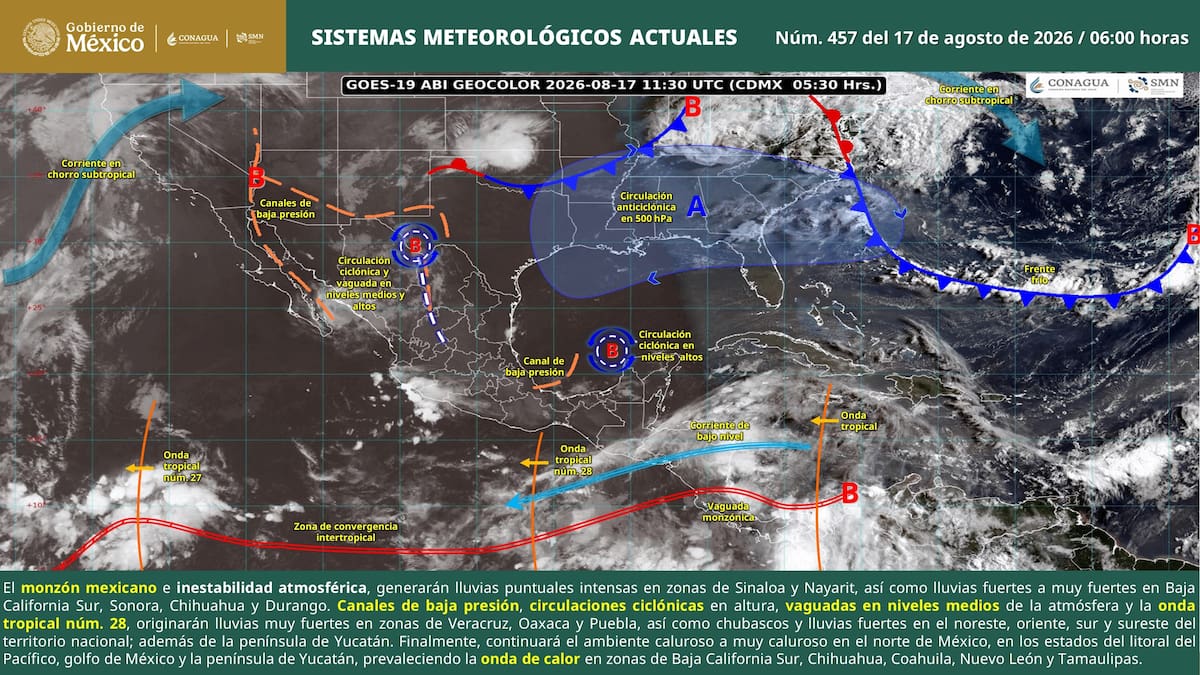 Lluvias intensas de hasta 150 mm en Sinaloa y Nayarit por el monzón mexicano; Sonora y Baja California superarán los 45 °C