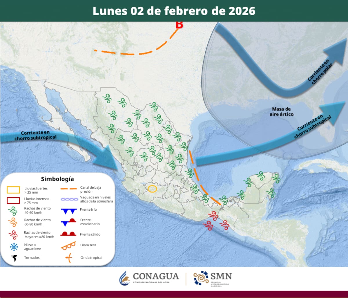 Servicio Meteorológico Nacional, fuente oficial del Gobierno de México. Mapa 2 de febrero.