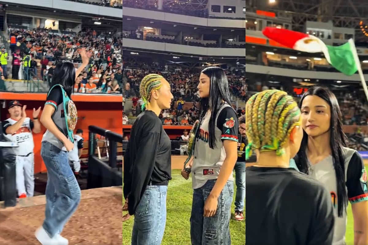 Camila Zamorano y la japonesa Sana Hazuki protagonizan cara a cara durante juego de los Naranjeros de Hermosillo en el Estadio Fernando Valenzuela