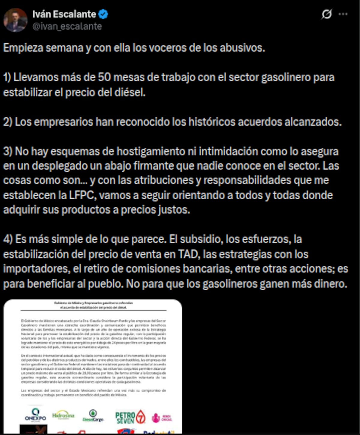Iván Escalante, proucrador de Profeco niega amenazas y exclusión de los empresarios gasolineros | Cuenta de X: @ivan_escalante