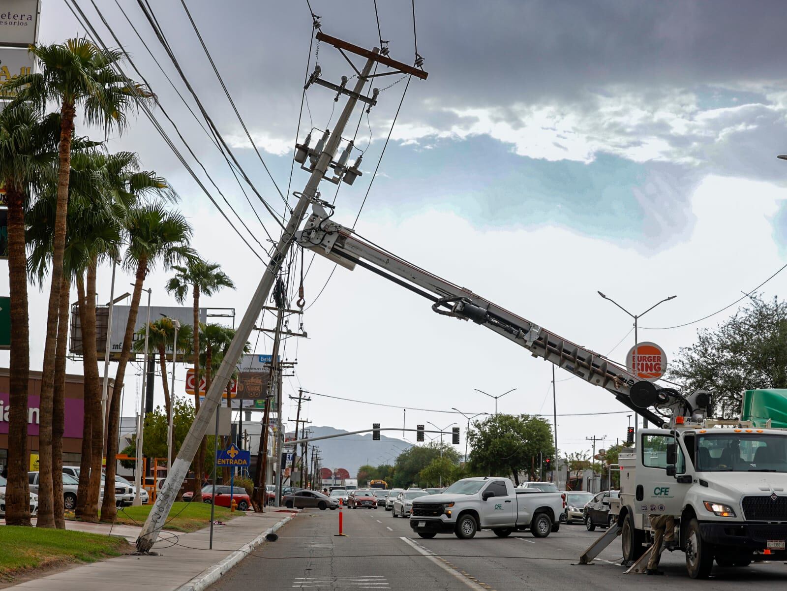 Las fuertes ráfagas de viento derribaron postes y árboles en distintos puntos de Mexicali, además de provocar apagones y complicaciones para la circulación. Foto: Said Morones.