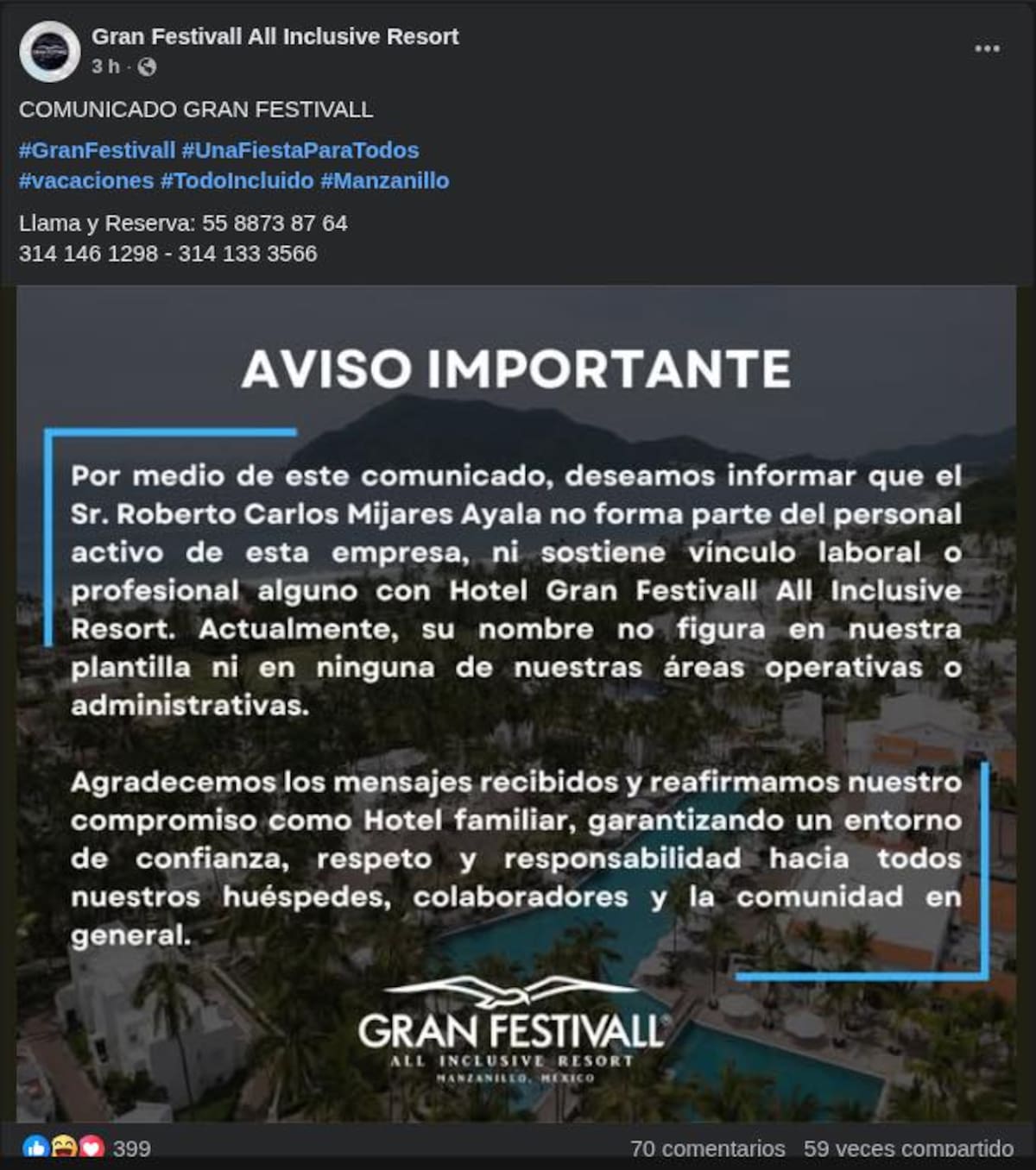 Comunicado del Hotel Gran Festival, donde se deslindan de Roberto Carlos Mijares Ayala