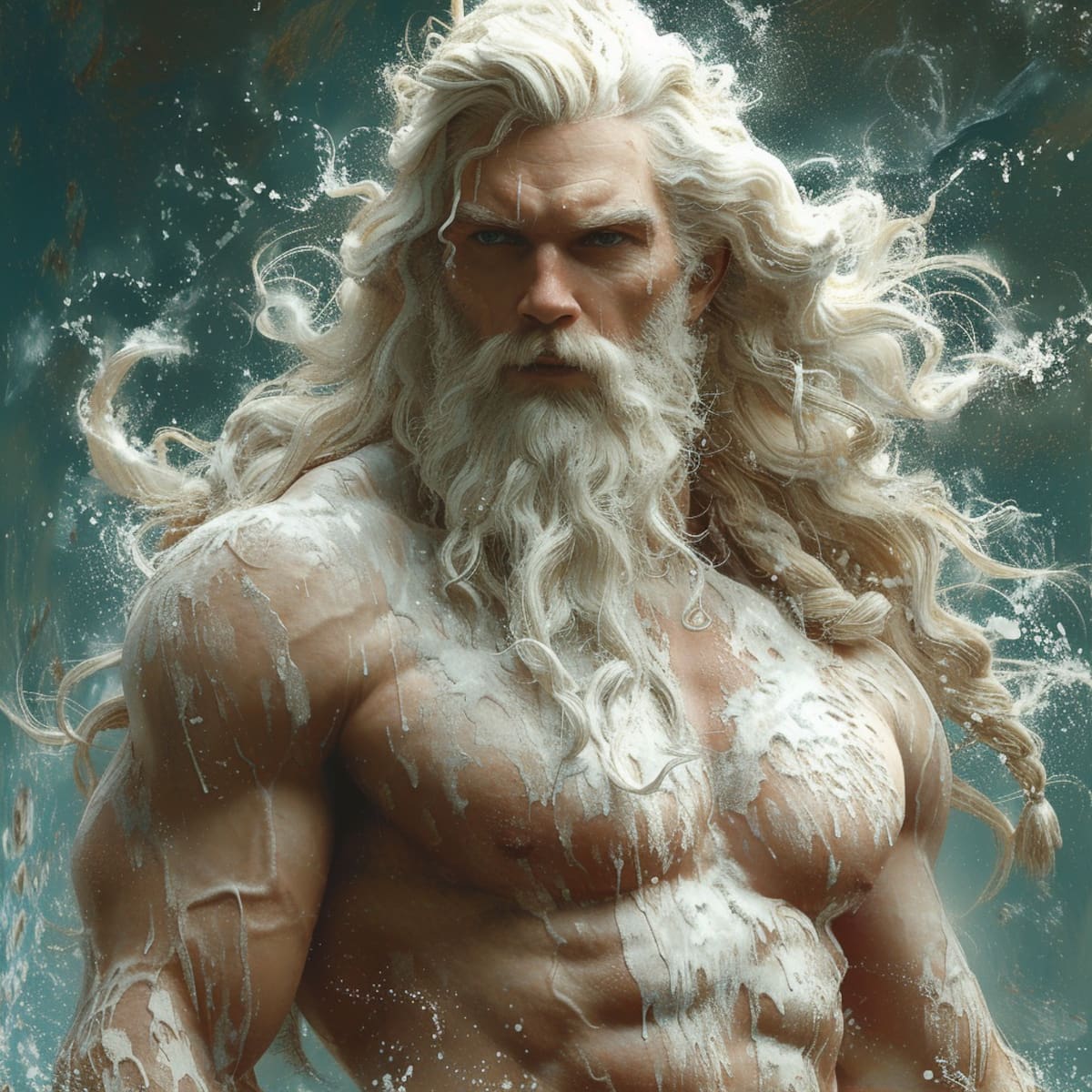 Poseidón, retratado por la IA de Midjourney, emerge con un tridente en mano, símbolo de su dominio sobre los mares.