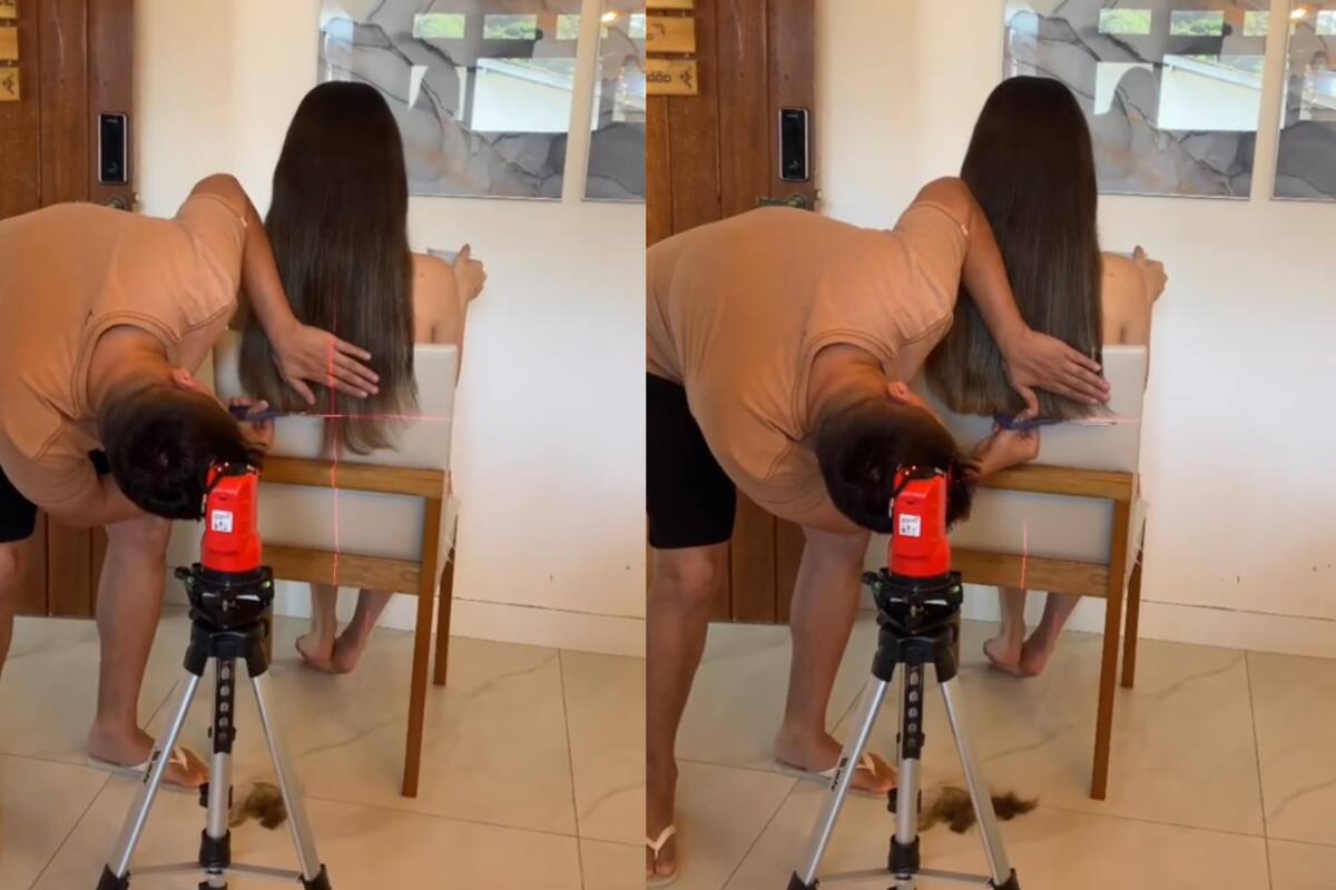 VIDEO | Hombre se vuelve viral por cortarle el cabello a su novia apoyándose en un nivel láser