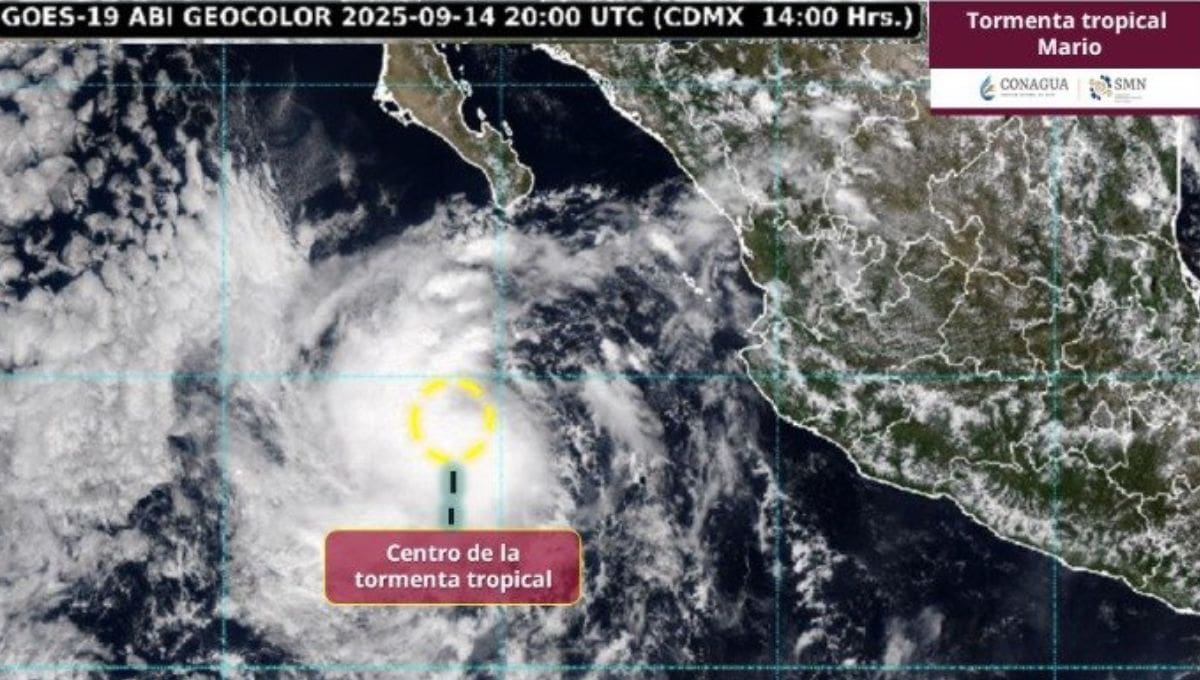 El sistema Mario se reintensificó a tormenta tropical este domingo, ubicándose al sur de Cabo San Lucas.