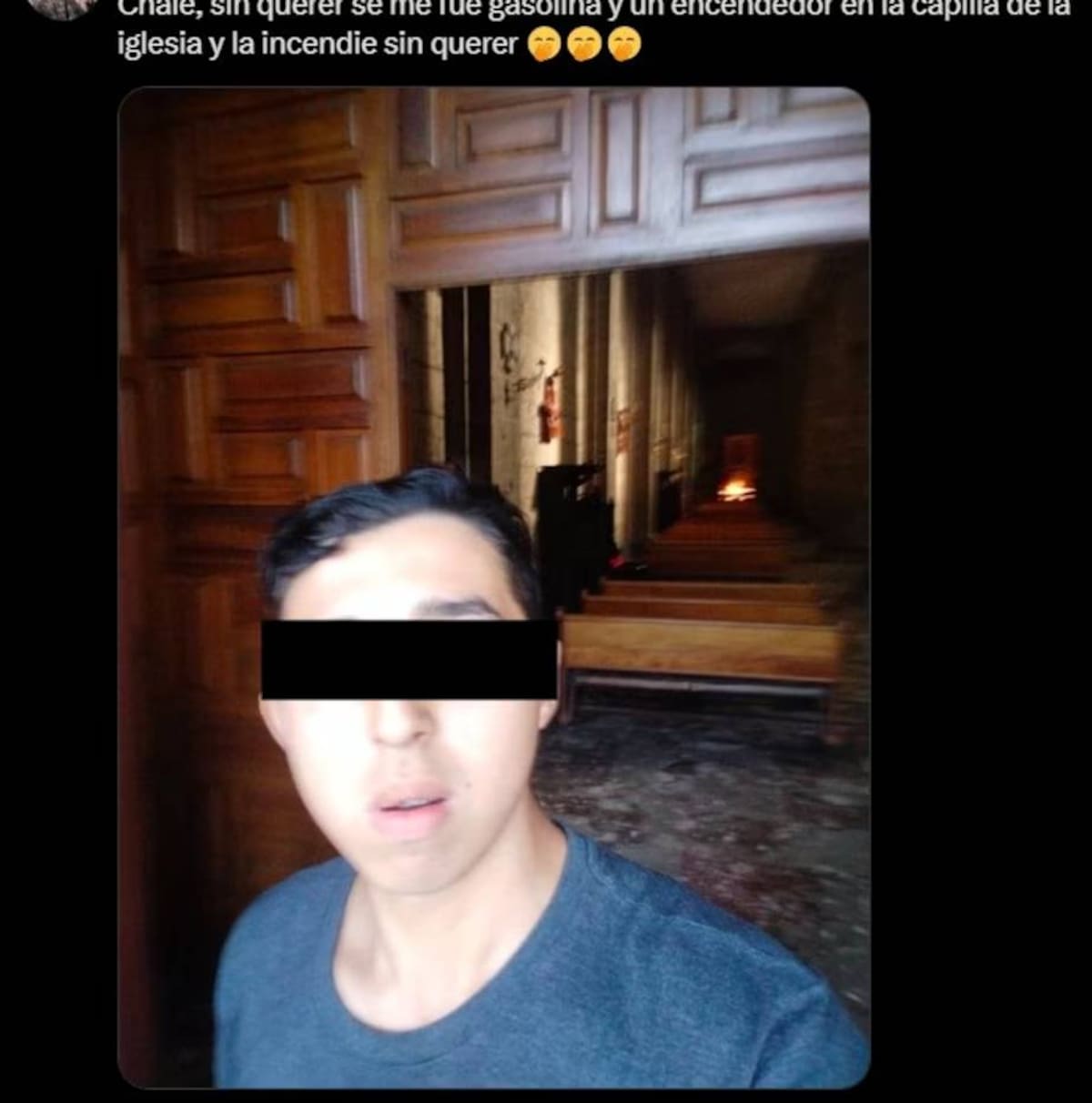 El adolescente compartió una imagen en la que aseguró haber incendiado una capilla de manera “accidental”. Foto: Captura de Pantalla