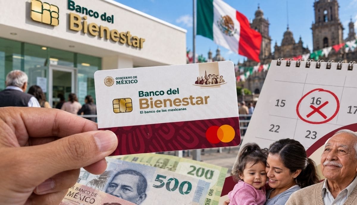 Imagen ilustrativa sobre la pausa de pagos del Banco del Bienestar el 16 de septiembre, con una tarjeta bancaria, billetes mexicanos y beneficiarios de programas sociales. | Imagen generada con IA