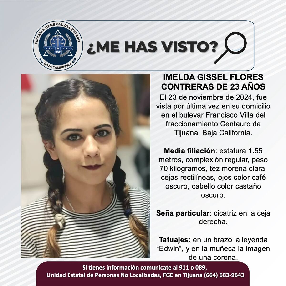 Imelda Gissel Flores Contreras fue vista por última vez el 23 de noviembre de 2024.