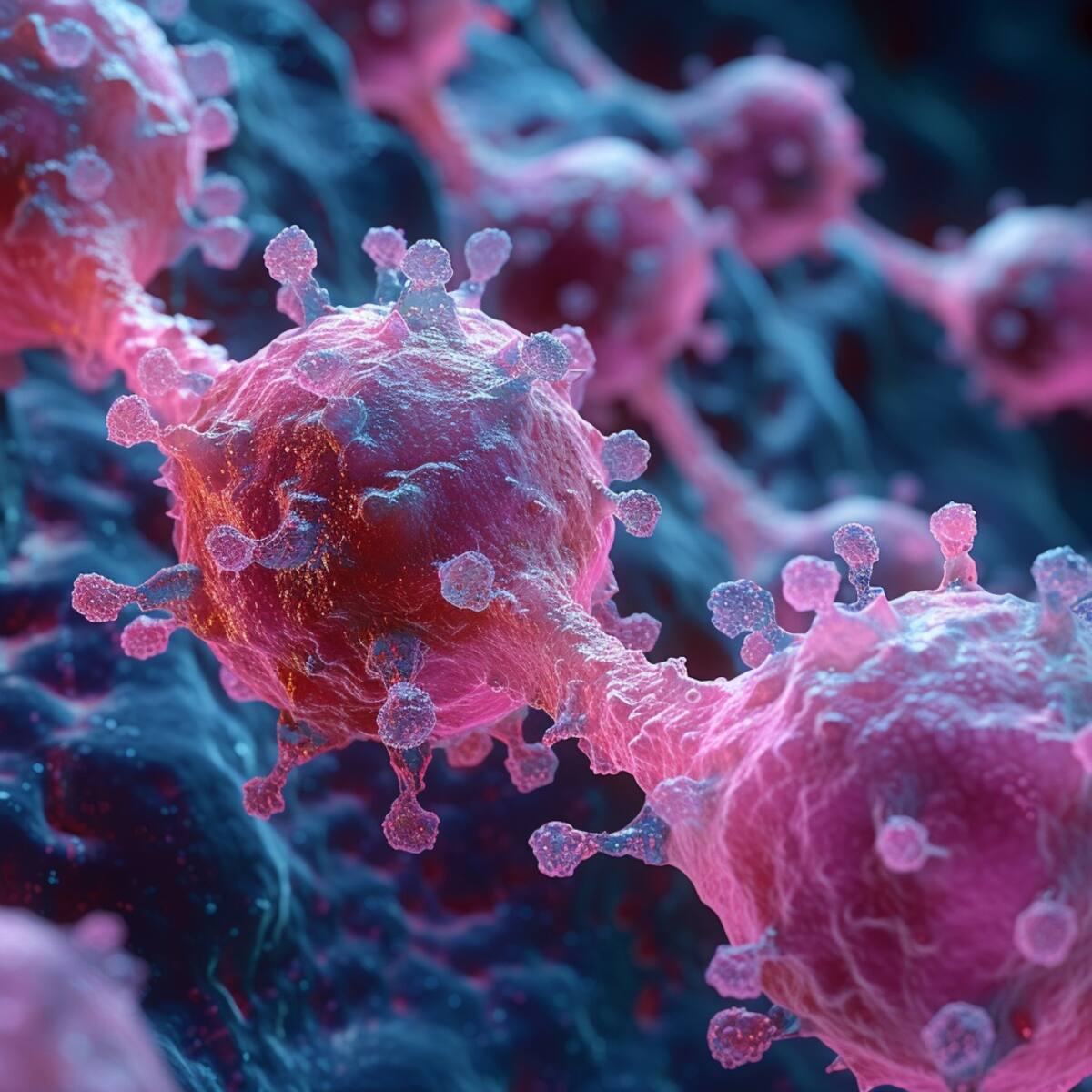 Imagen ilustrativa generada por inteligencia artificial sobre células cancerígenas.