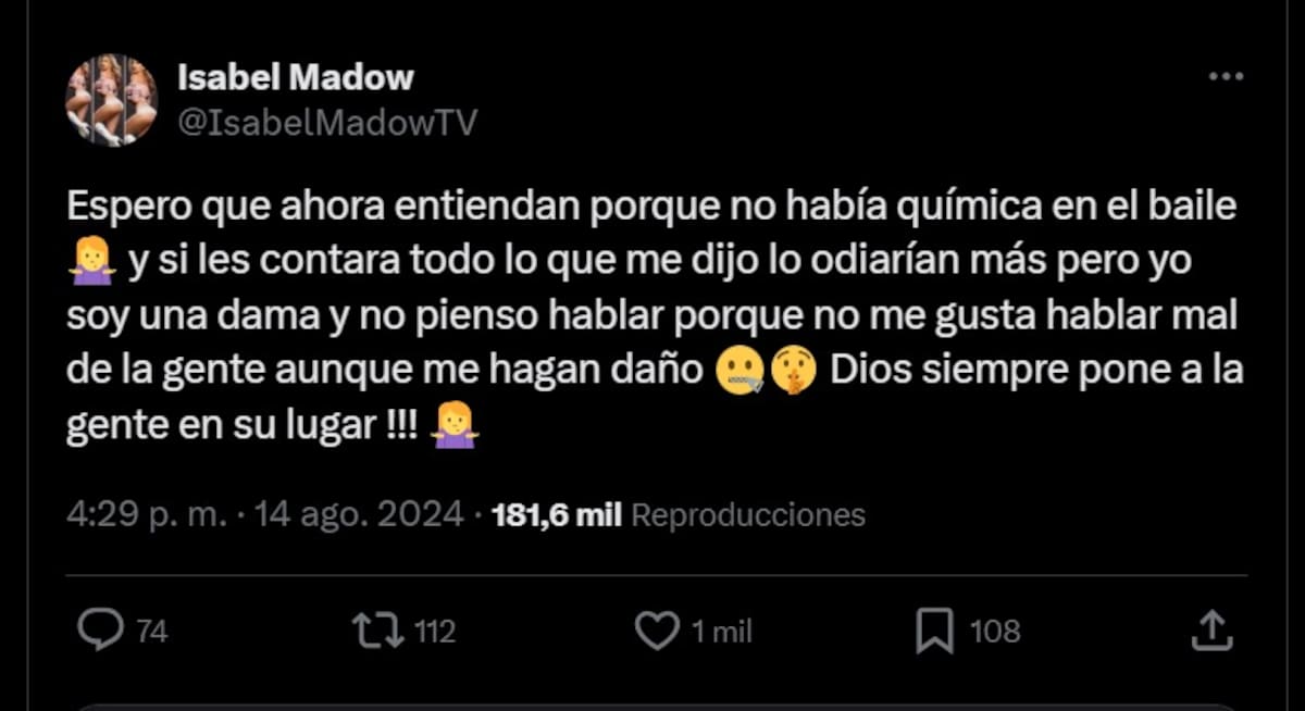 Isabel Madow envía indirecta a Agustín.