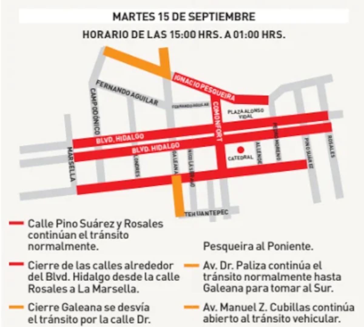 El cierre total de vialidades en el sector de Palacio de Gobierno y Plaza Zaragoza iniciará a las 16:00 horas de este 15 de septiembre