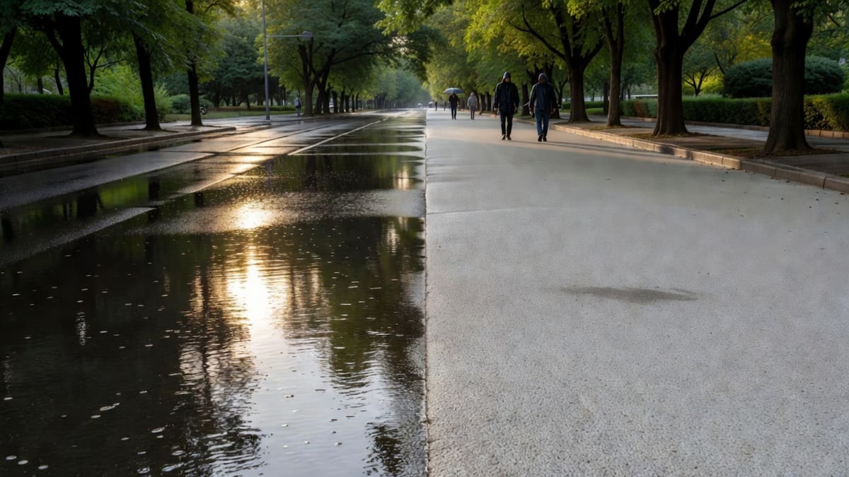 Mientras el asfalto negro guarda el calor durante horas, este pavimento deja pasar la lluvia y puede desprender entre 25% y 30% menos calor después de una tormenta, según investigadores de Rutgers