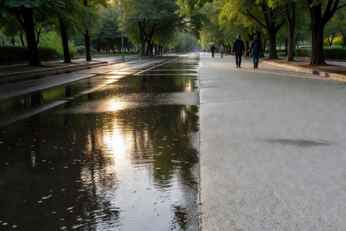 Mientras el asfalto negro guarda el calor durante horas, este pavimento deja pasar la lluvia y puede desprender entre 25% y 30% menos calor después de una tormenta, según investigadores de Rutgers