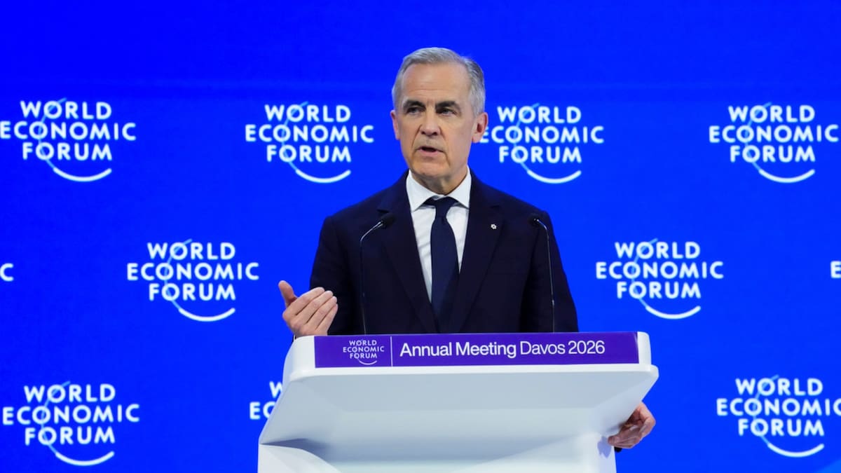 El primer ministro de Canadá, Mark Carney, pronuncia un discurso en el Foro Económico Mundial en Davos, Suiza, el martes 20 de enero de 2026. (AP)