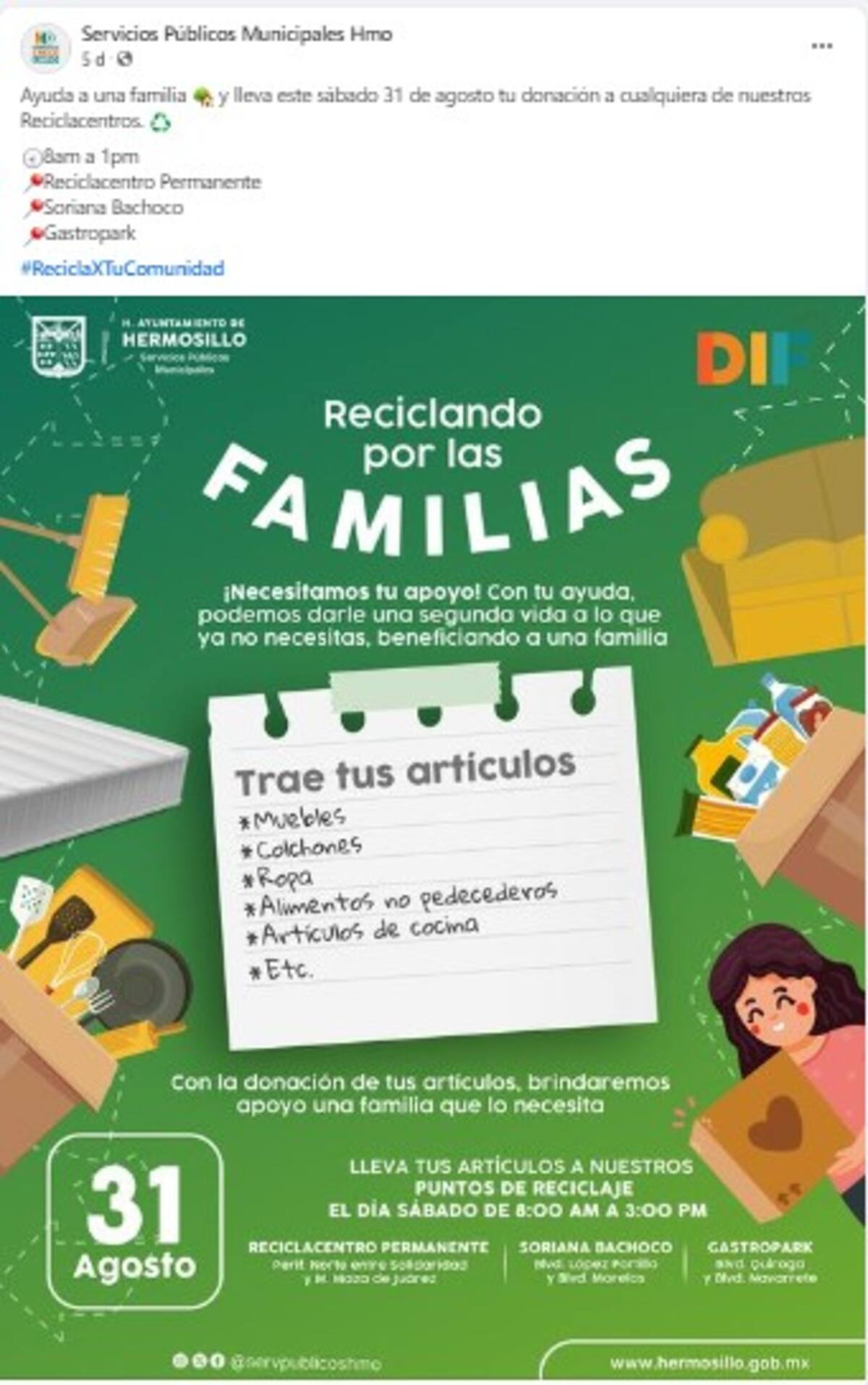 Servicios Públicos Municipales de Hermosillo invitan al programa "Reciclando por Familias". | Facebook @servpublicoshmo