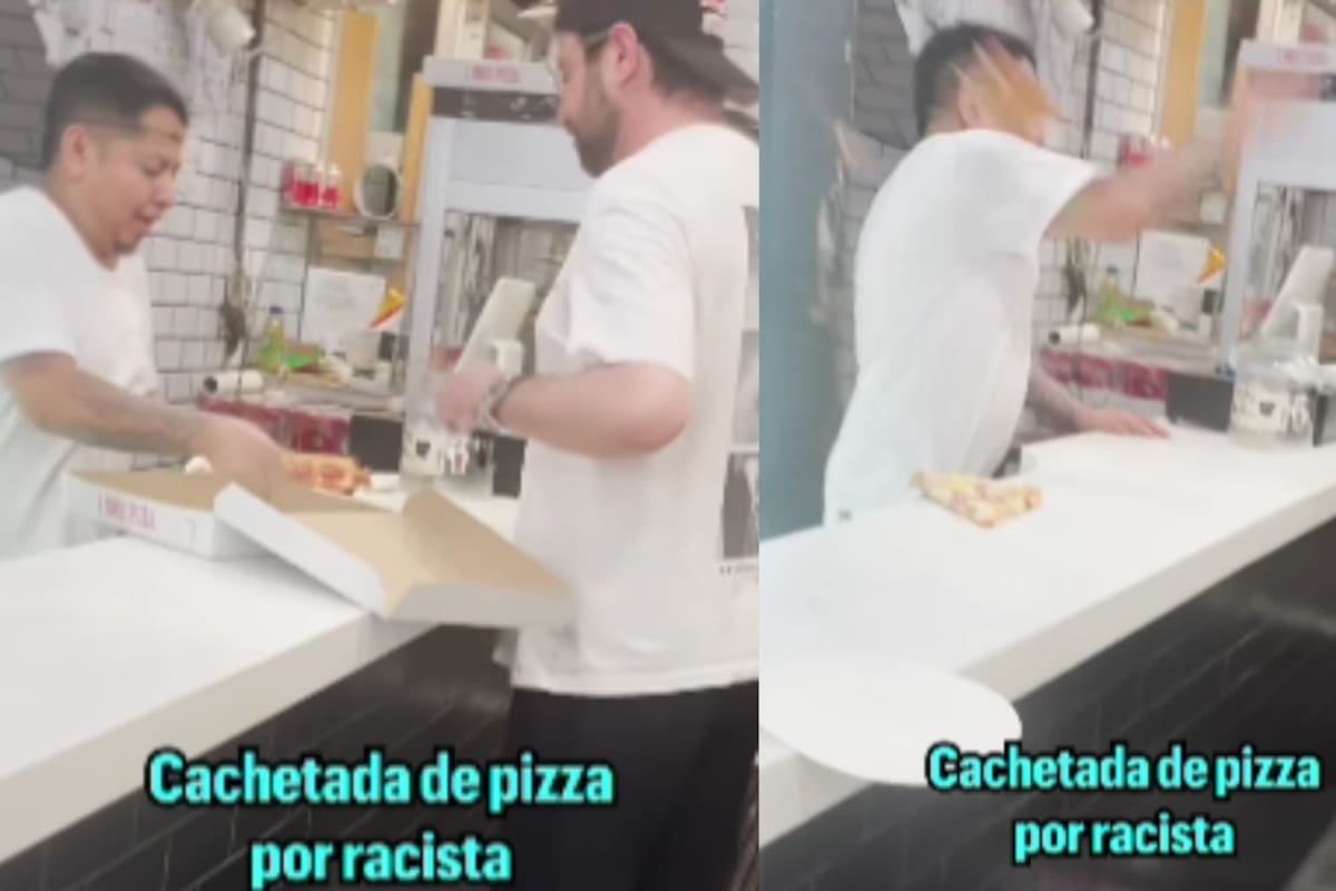 VIRAL: Estadounidense entra a una pizzería insultando y un mesero latino lo cachetea con una pizza