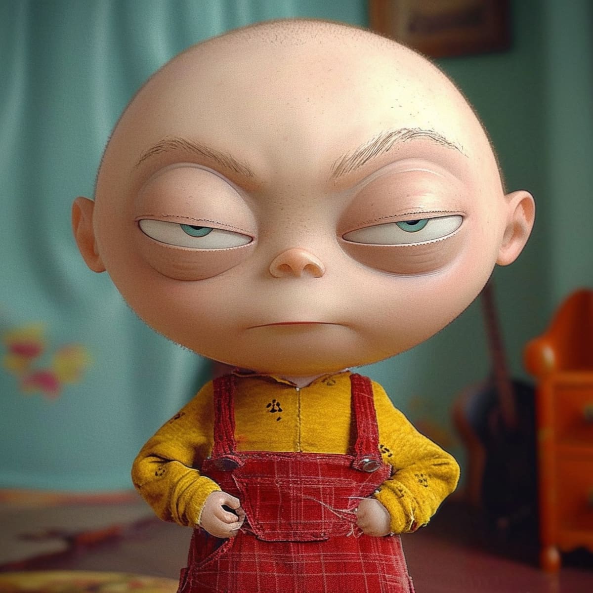 Retrato de Stewie Griffin: El hijo menor de la Familia Griffin, Stewie, destaca con su cabeza en forma de balón de rugby y su vestimenta única en Padre de Familia.