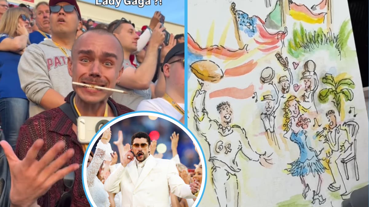 Chris Lloyd, el pintor que retrata conciertos, pintó a Bad Bunny durante su presentación en el Super Bowl 2026
