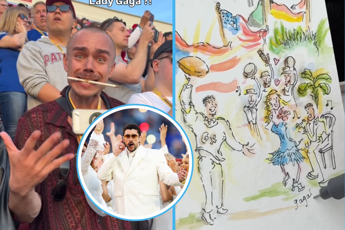 Chris Lloyd, el pintor que retrata conciertos, pintó a Bad Bunny durante su presentación en el Super Bowl 2026