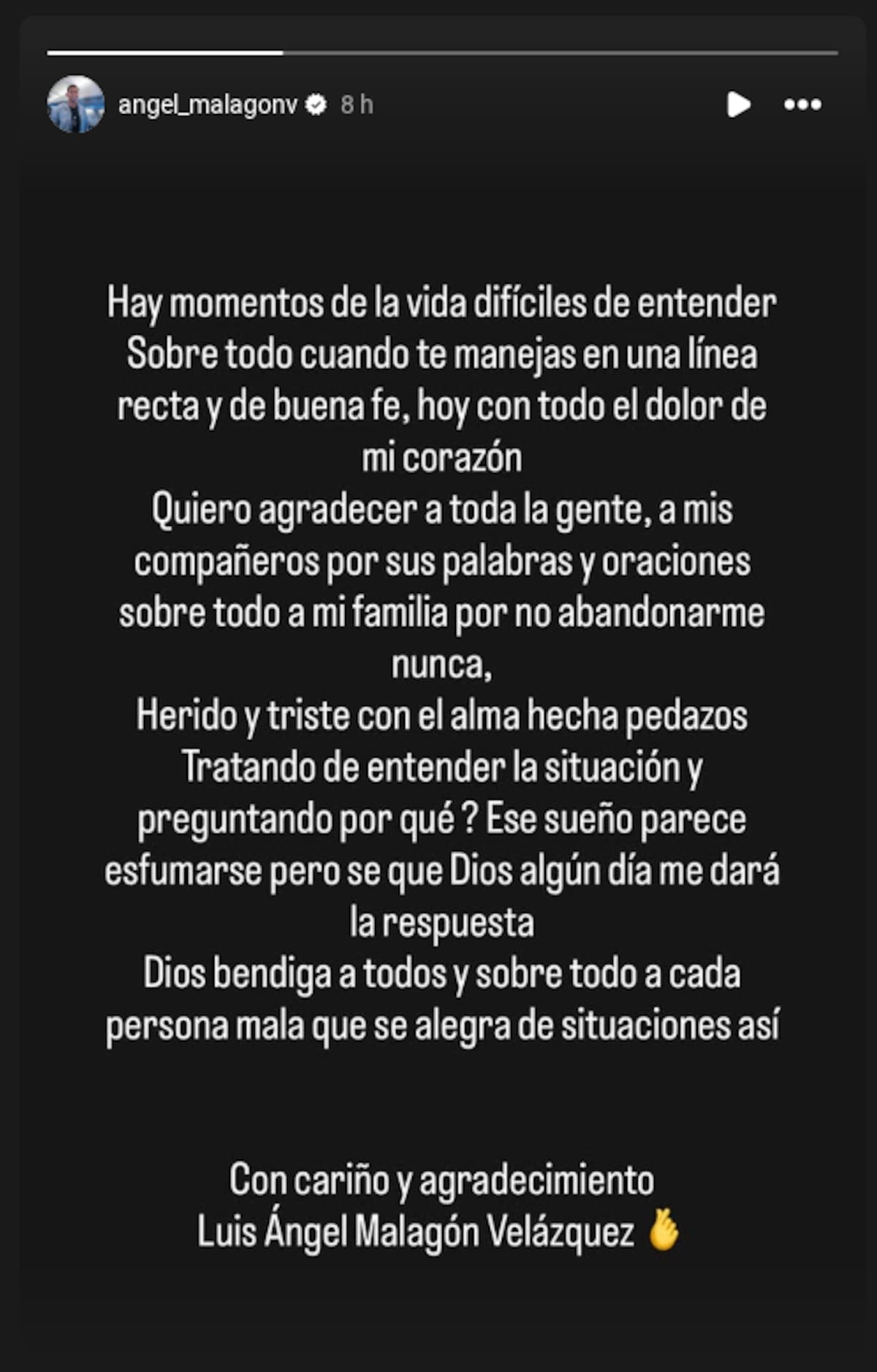 Mensaje de Luis Malagón tras lesión sufrida.