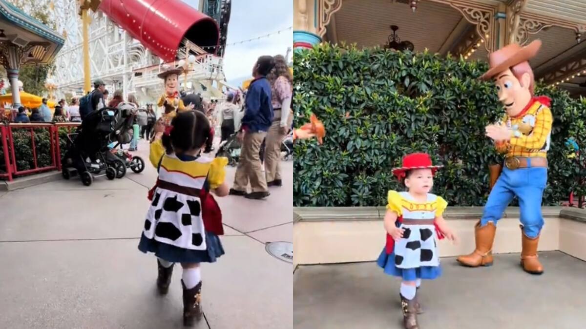 Niña causa ternura al ir vestida de Woody a Disneylandia y encontrarse con los personajes de la película ahí mismo