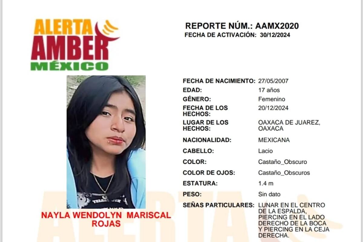 Activan Alerta Amber por desaparición de Nayla Wendolyn Mariscal Rojas