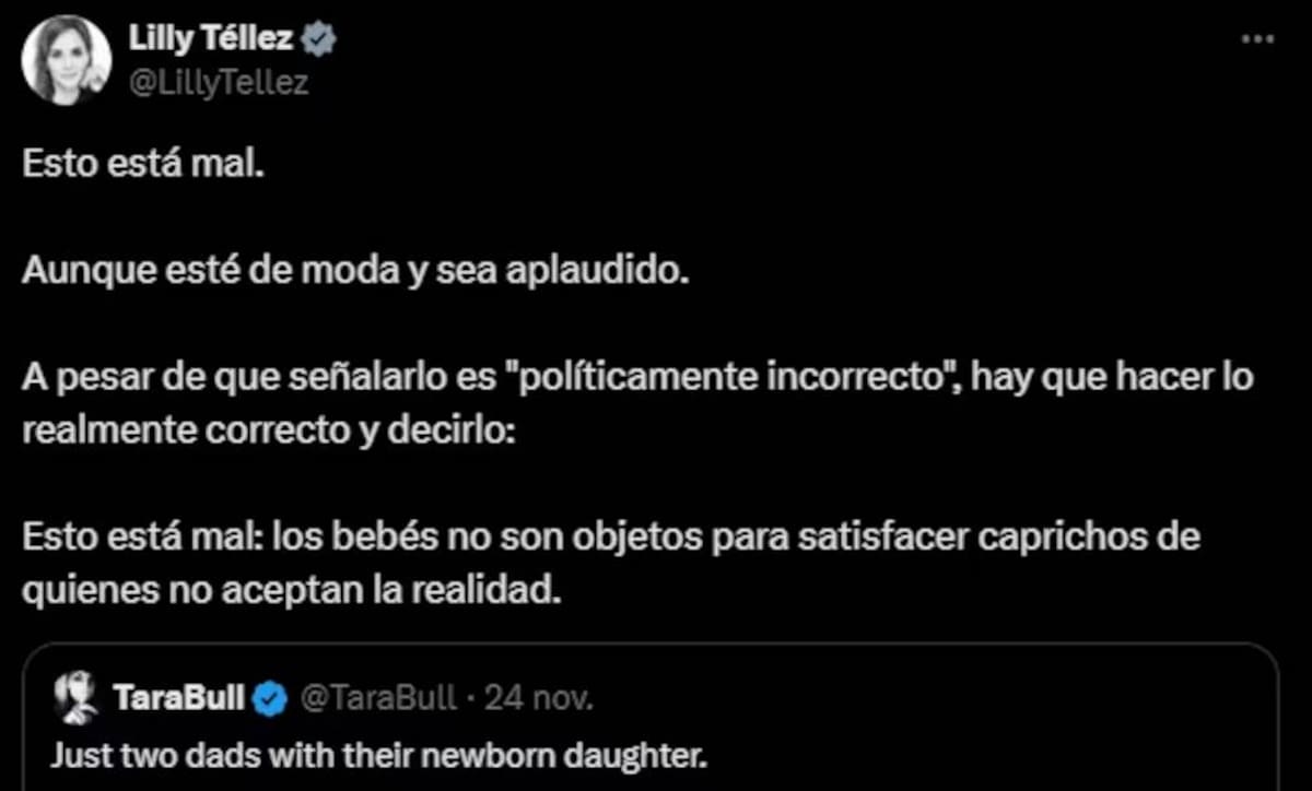 La senadora Lilly Téllez dijo que la adopción entre parejas del mismo sexo "está mal", lo que provocó bastantes críticas en su contra, incluida la de David Faitelson. | Captura X @TaraBull y @LillyTéllez