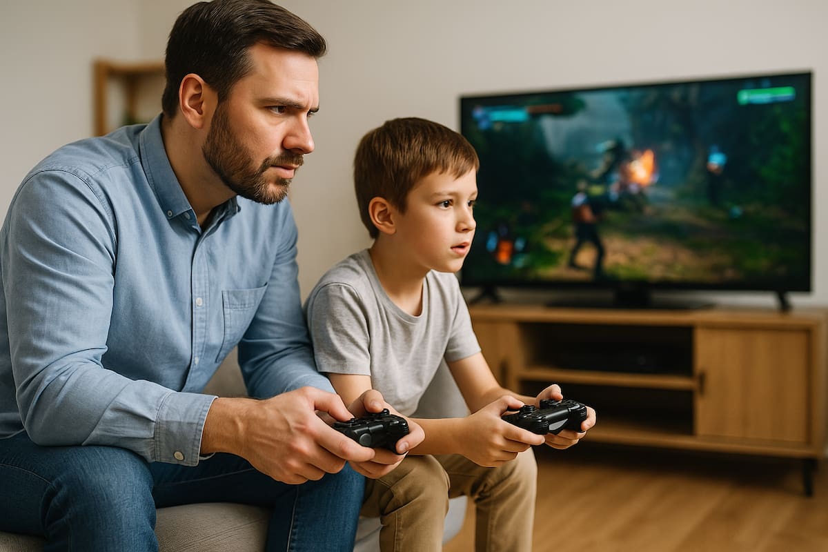 Imagen ilustrativa de un padre jugando con su hijo videojuegos hecha con IA (Chatpgt).