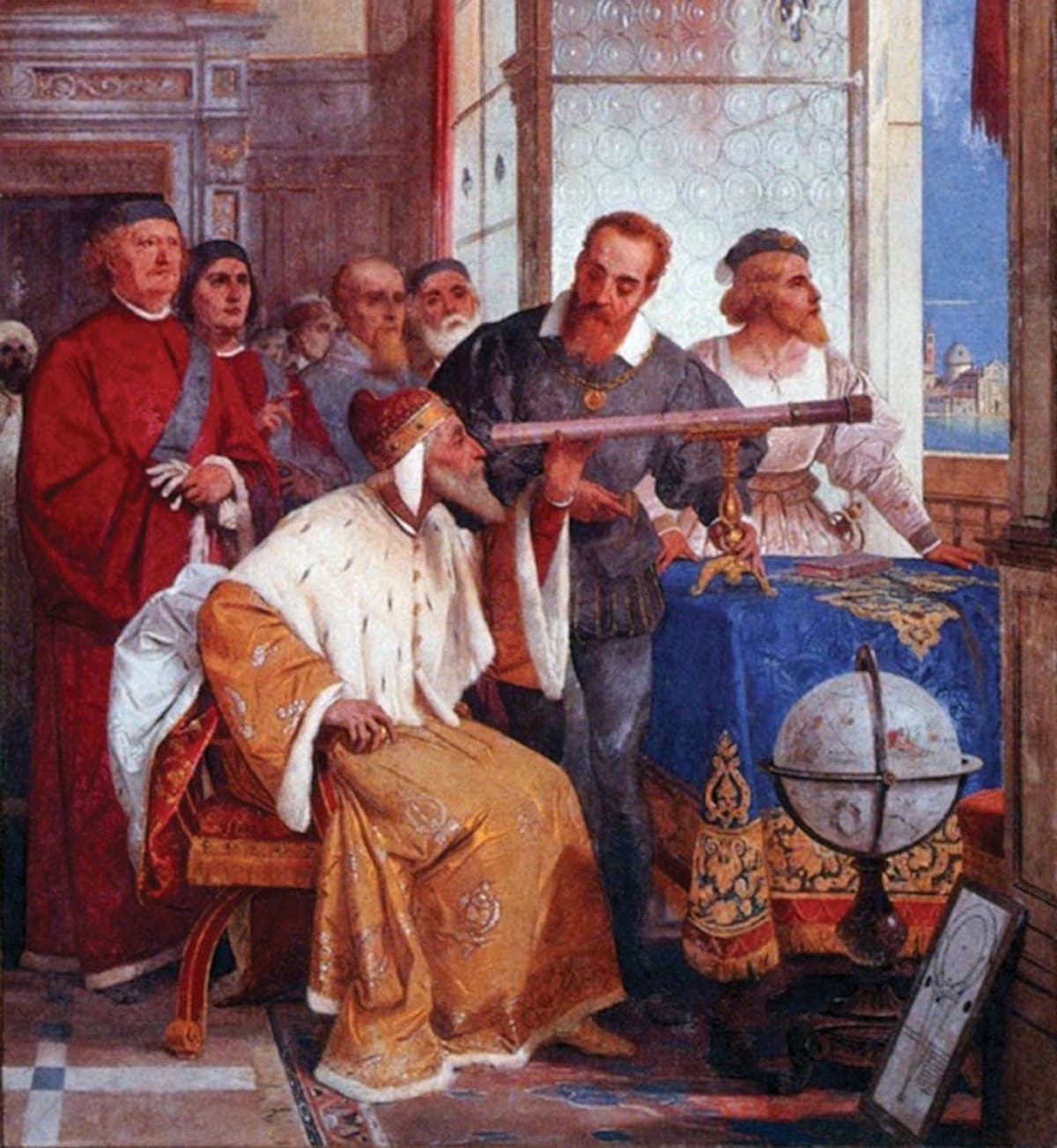 Galileo enseñando al dux de Venecia el uso del telescopio. Fresco de Giuseppe Bertini (1825-1898).