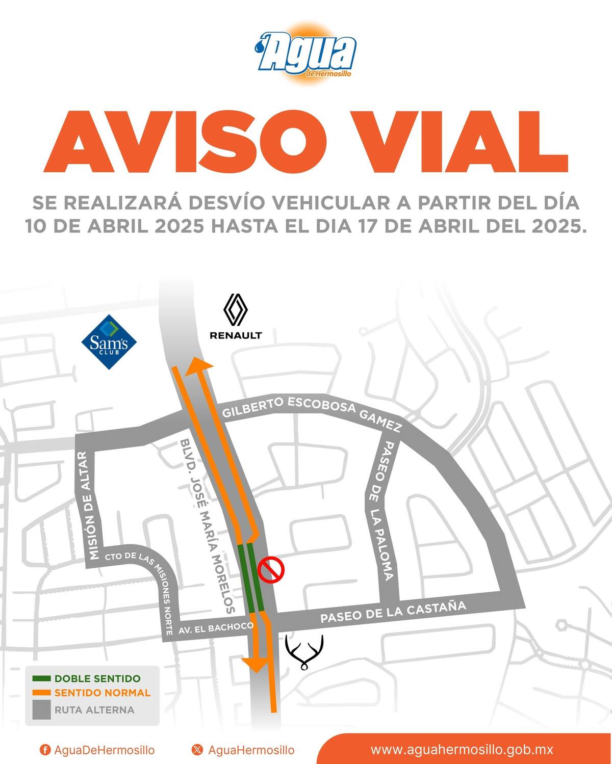 Aviso Vial por interconexión tuberías cierre calles de esta zona de Hermosillo.