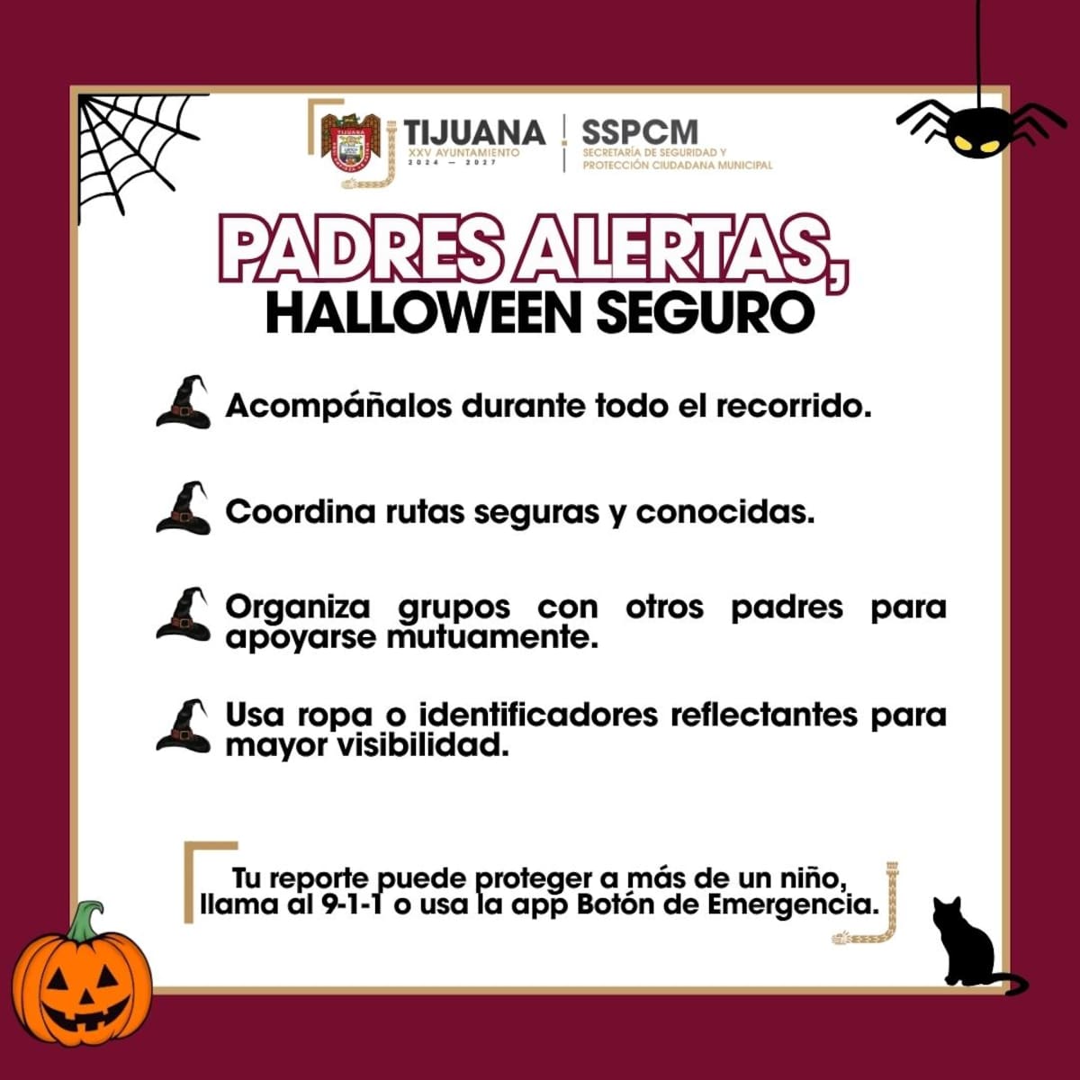 La SSPCM pide a padres y tutores extremar precauciones para proteger a niñas, niños y jóvenes durante Halloween. Foto: Generada con IA