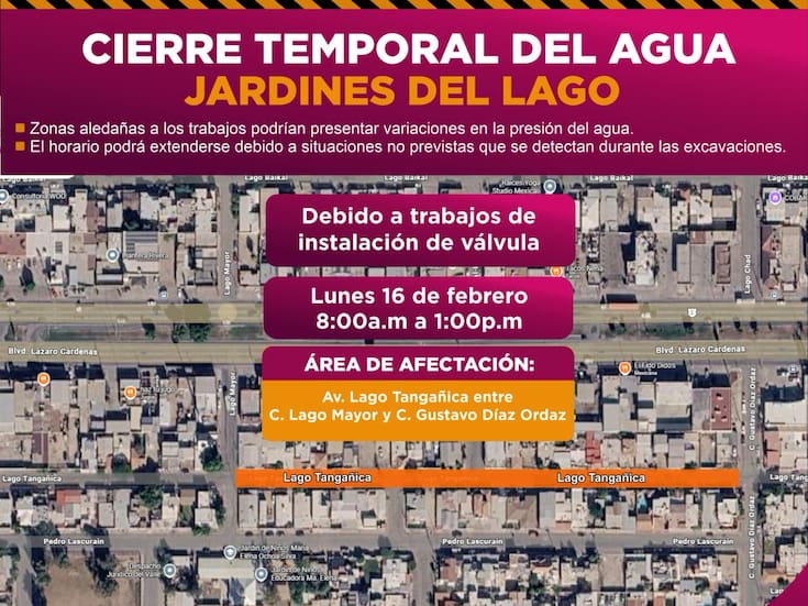 Realizarán cierre temporal de agua en Jardines del Lago el lunes 16 de febrero