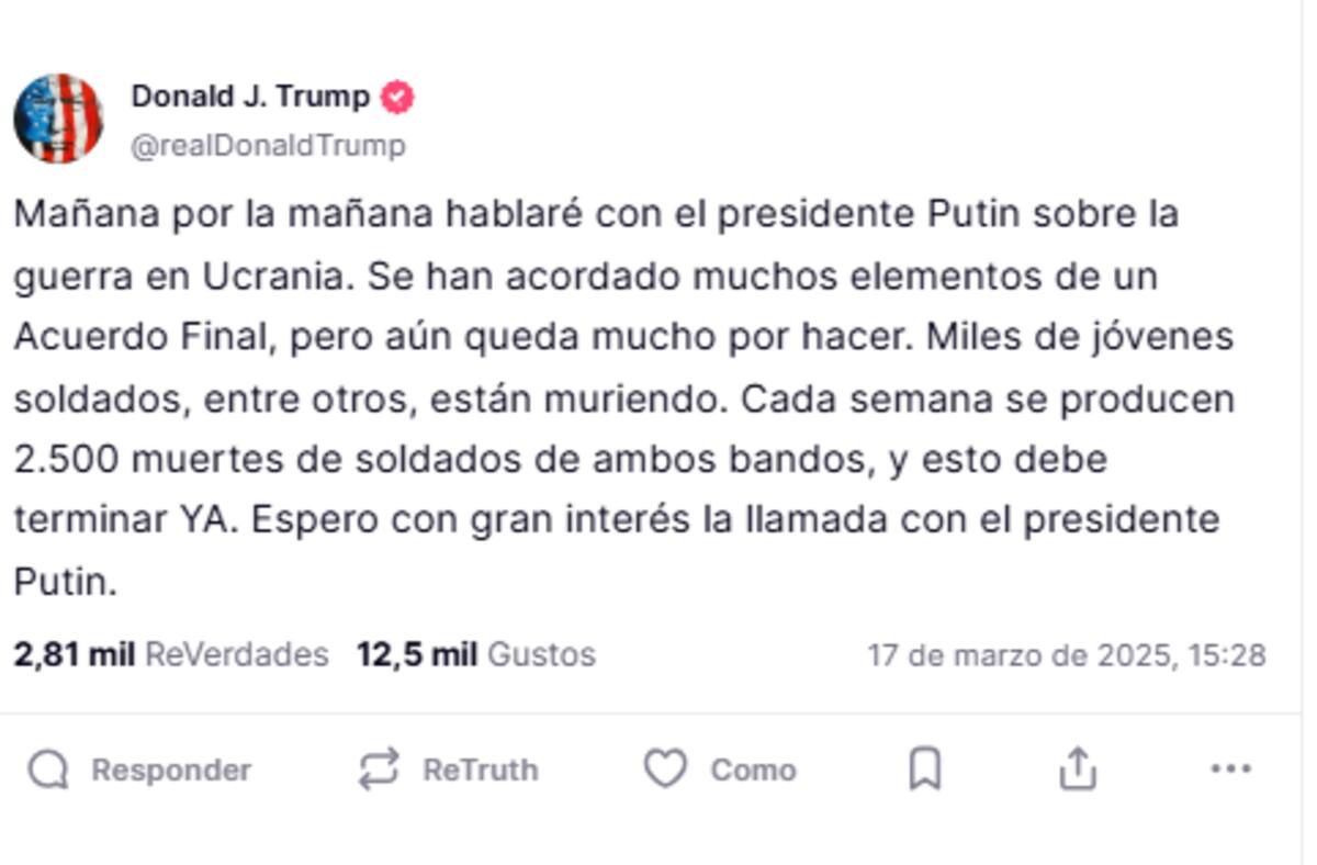 Captura de pantalla, Donald Trump desde Truth social. / Traducida automáticamente con Google Traductor.