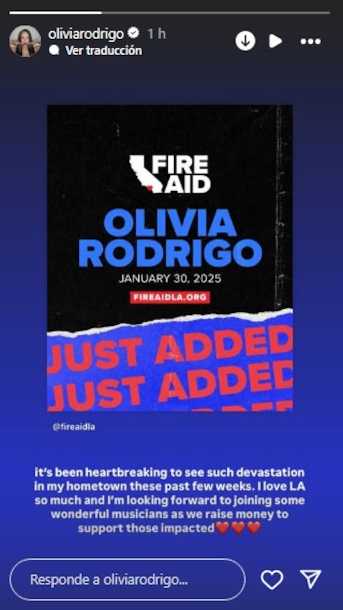 Olivia Rodrigo confirma su participación en el “FireAid” / Instagram: @oliviarodrigo