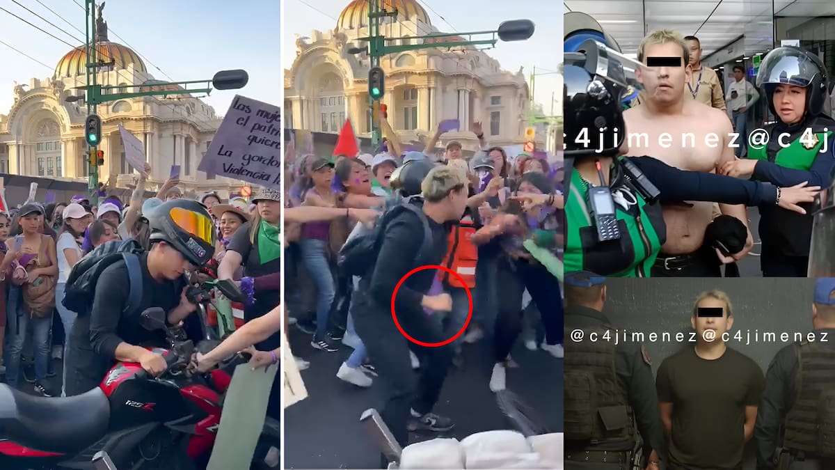 Abraham, joven teñido de rubio, acabó detenido y sin playera al cruzar en moto por la marcha; intercambio golpes con mujeres que lo querían sacar.