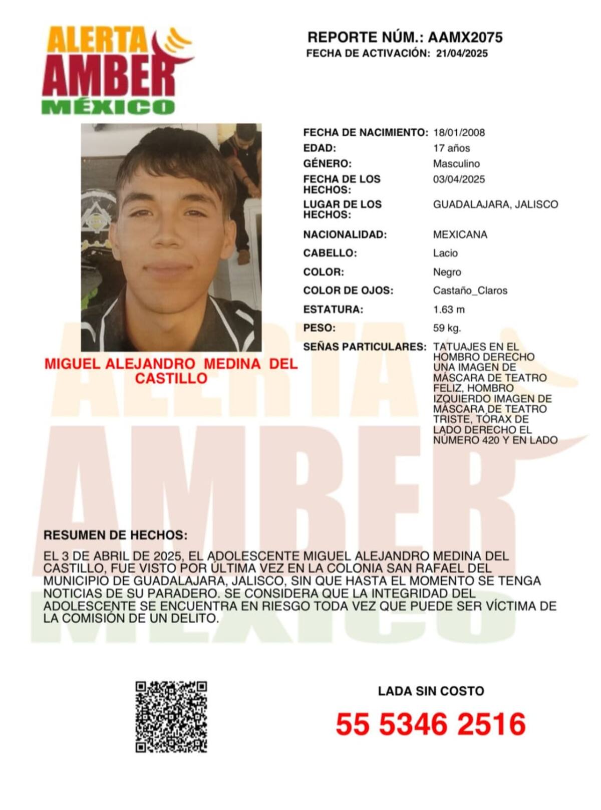 La Fiscalía General de Baja California ha activado la Alerta Amber para localizar al menor Miguel Alejandro Medina del Castillo de 17 años.